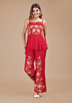 Red Floral Print Viscose Co-Ord Set