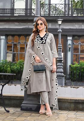 Grey Embroidery Silk Kurta Set
