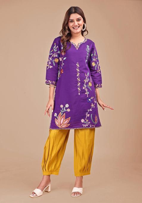 Purple Embroidery Silk Salwar Suit Set — view on Indya