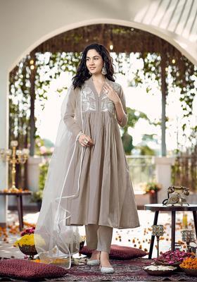 Grey Embroidery Cotton Kurta Set