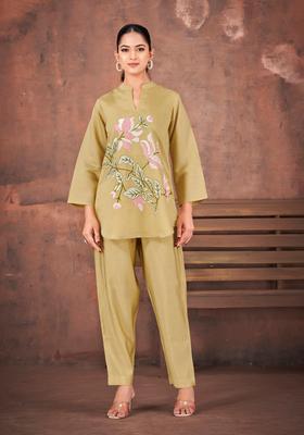 Mustard Floral Print Silk Co-Ord Set
