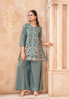 Sea Embroidery Silk Co-Ord Set