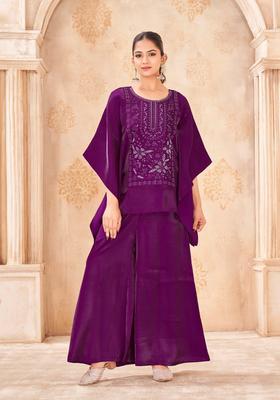 Burgundy Embroidery Silk Co-Ord Set
