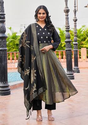 Black Embroidery Silk Kurta Set