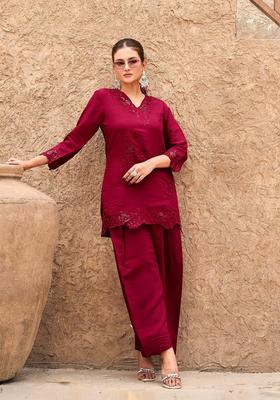 Maroon Embroidery Silk Co-Ord Set