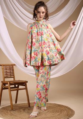 Multicolor Floral Print Silk Co-Ord Set