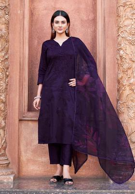 Purple Embroidery Cotton Kurta Set