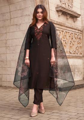 Brown Embroidery Silk Kurta Set