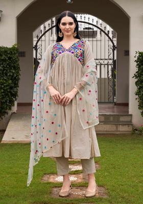 Beige Embroidery Cotton Kurta Set