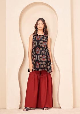 Black Animal Print Cotton Sharara Set