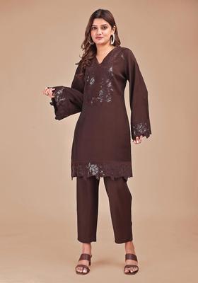 Brown Embroidery Silk Co-Ord Set