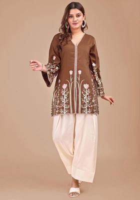 Brown Embroidery Silk Salwar Suit Set
