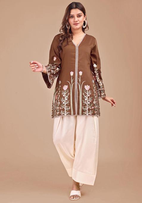 Brown Embroidery Silk Salwar Suit Set — view on Indya