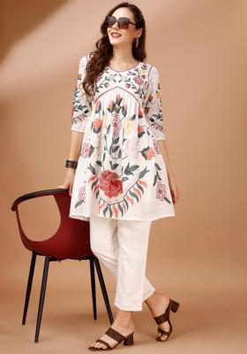 Off White Floral Print Rayon Kurta Set
