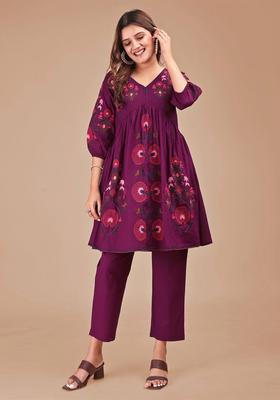 Wine Embroidery Cotton Co-Ord Set
