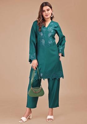 Teal Floral Print Silk Co-Ord Set