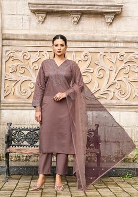 Brown Embroidery Silk Kurta Set