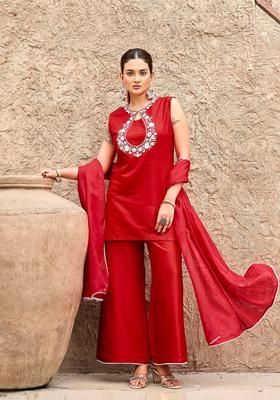 Red Embroidery Silk Palazzo Set