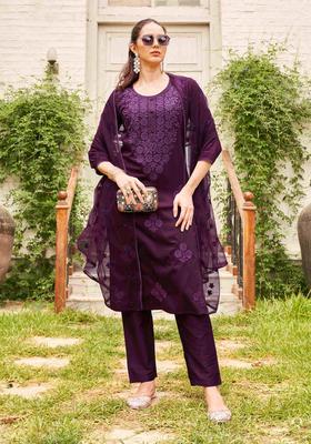 Wine Embroidery Cotton Kurta Set