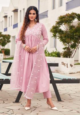 Pink Embroidery Cotton Anarkali Set
