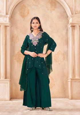 Green Embroidery Silk Palazzo Set