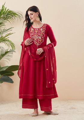 Pink Embroidery Cotton Anarkali Set