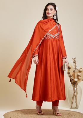 Orange Embroidery Silk Anarkali Set
