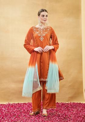 Orange Embroidery Silk Palazzo Set