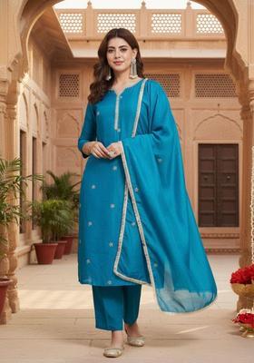 Teal Embroidery Silk Kurta Set