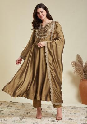 Golden Embroidery Silk Anarkali Set
