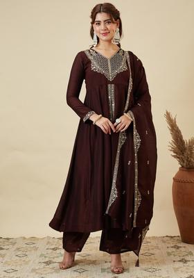 Maroon Embroidery Silk Anarkali Set