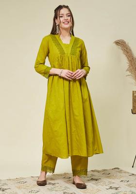 Green Embellished Cotton Kurta Set