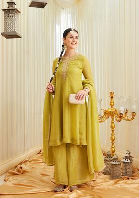 Green Embroidery Silk Palazzo Set