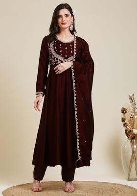 Brown Embroidery Silk Anarkali Set