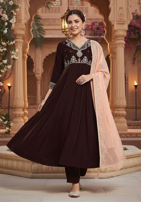 Brown Embroidery Velvet Anarkali Set