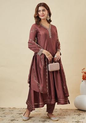 Red Embroidery Silk Anarkali Set