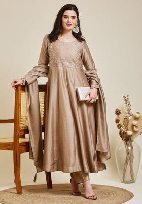 Brown Embroidery Silk Anarkali Set