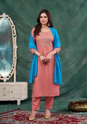 Peach Embroidery Chinon Kurta Set