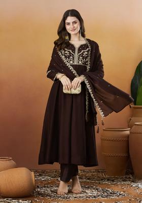 Brown Embroidery Silk Anarkali Set