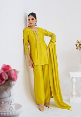 Yellow Embroidery Silk Palazzo Set