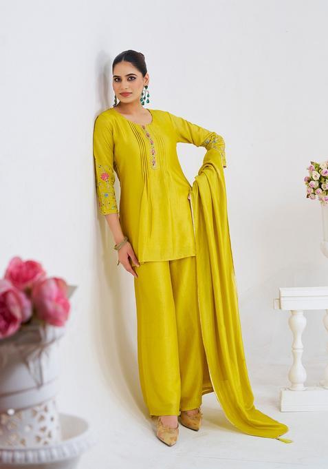 Yellow Embroidery Silk Palazzo Set — view on Indya