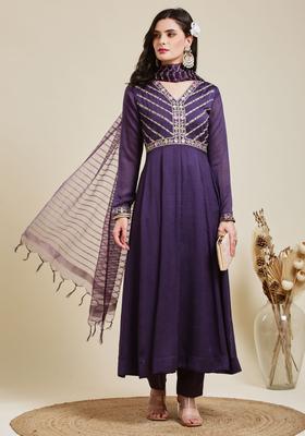 Purple Embroidery Silk Anarkali Set
