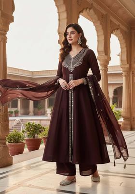 Brown Embroidery Silk Anarkali Set