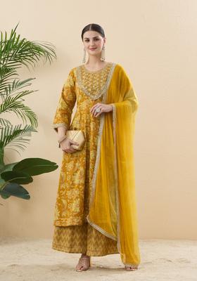 Yellow Embroidery Cotton Anarkali Set