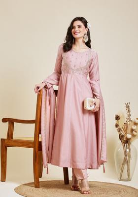 Pink Embroidery Silk Anarkali Set