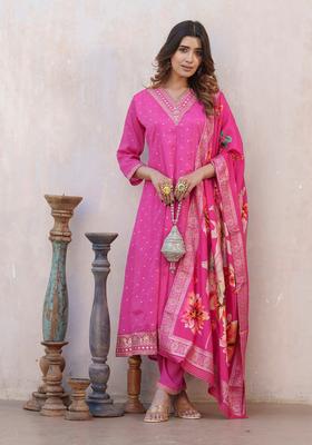 Pink Embroidery Silk Anarkali Set