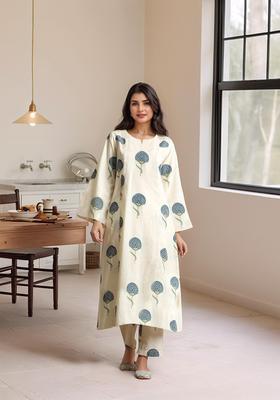Cream Printed Rayon Kurta Set