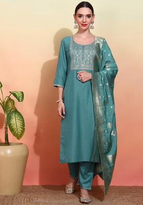 Teal Embroidery Chinon Kurta Set