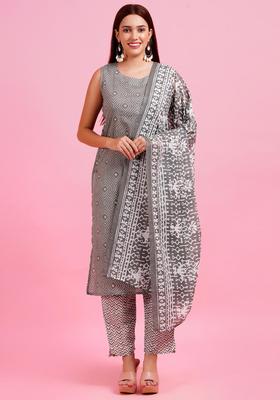 Grey Printed Cotton Kurta Set
