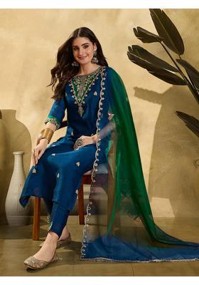 Navy Blue Embroidery Silk Kurta Set